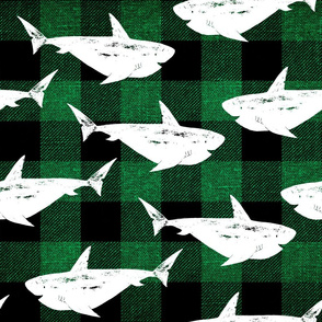 Sharks in white on green buffalo plaid - large scale 