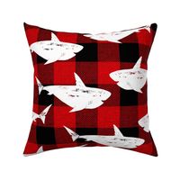 Sharks in white on red buffalo plaid- large scale