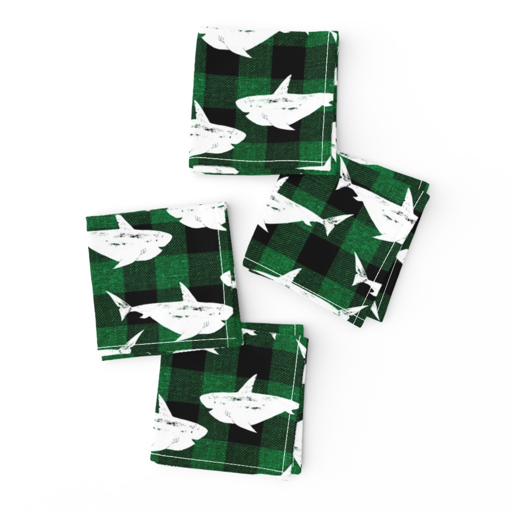 Sharks in white on green buffalo plaid - medium scale