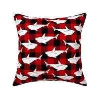Sharks in white on red buffalo plaid - medium scale