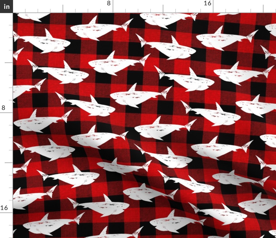 Sharks in white on red buffalo plaid - medium scale
