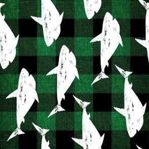 Sharks in white on green buffalo plaid rotated - rotated