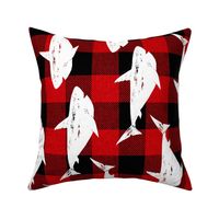 Sharks in white on red buffalo plaid rotated - rotated large scale