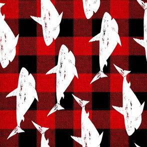 Sharks in white on red buffalo plaid rotated - rotated large scale