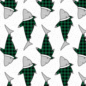 Sharks in Buffalo Plaid pyjamas, Green Rotated