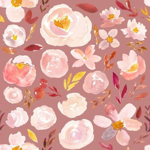 blush & rust watercolor floral on muted mauve 