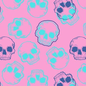 Aqua and Blue Skulls on Pastel Pink