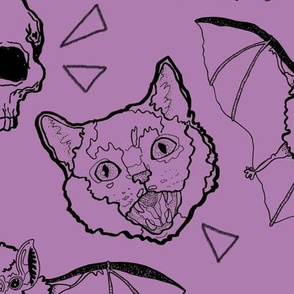 Cats and Bats and Skulls on Purple large scale