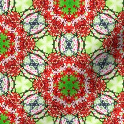 Whimsical kaleidoscope red & green flowers