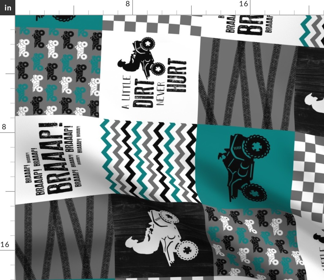 4 Wheel/ATV/A little Dirt Never Hurt//Teal - Wholecloth Cheater Quilt  - Rotated