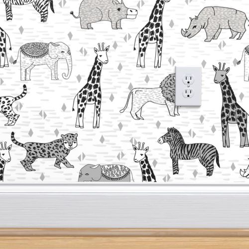 Whimsical Safari By Vivdesign Nursery Wallpaper Blue White Circus Animals Baby Boy Removable Self Adhesive Wallpaper Roll by Spoonflower