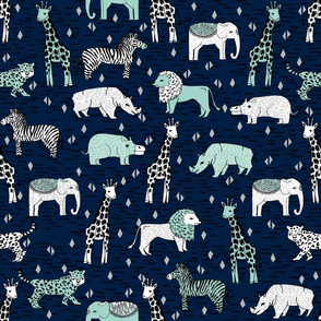 safari nursery fabric - safari nursery wallpaper, baby wallpaper, baby boy wallpaper, baby boy fabric, safari animals - grey, navy, mint