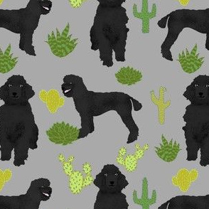black poodle cactus fabric - cactus fabric, black poodle fabric, dog fabric, dog cactus - grey