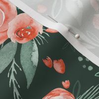 Floral Bliss |Peach Watercolor Blooms on Forest Green | Renee Davis