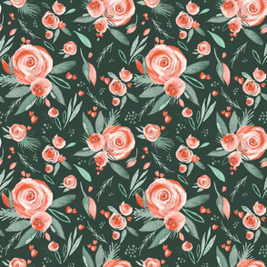 Floral Bliss |Peach Watercolor Blooms on Forest Green | Renee Davis