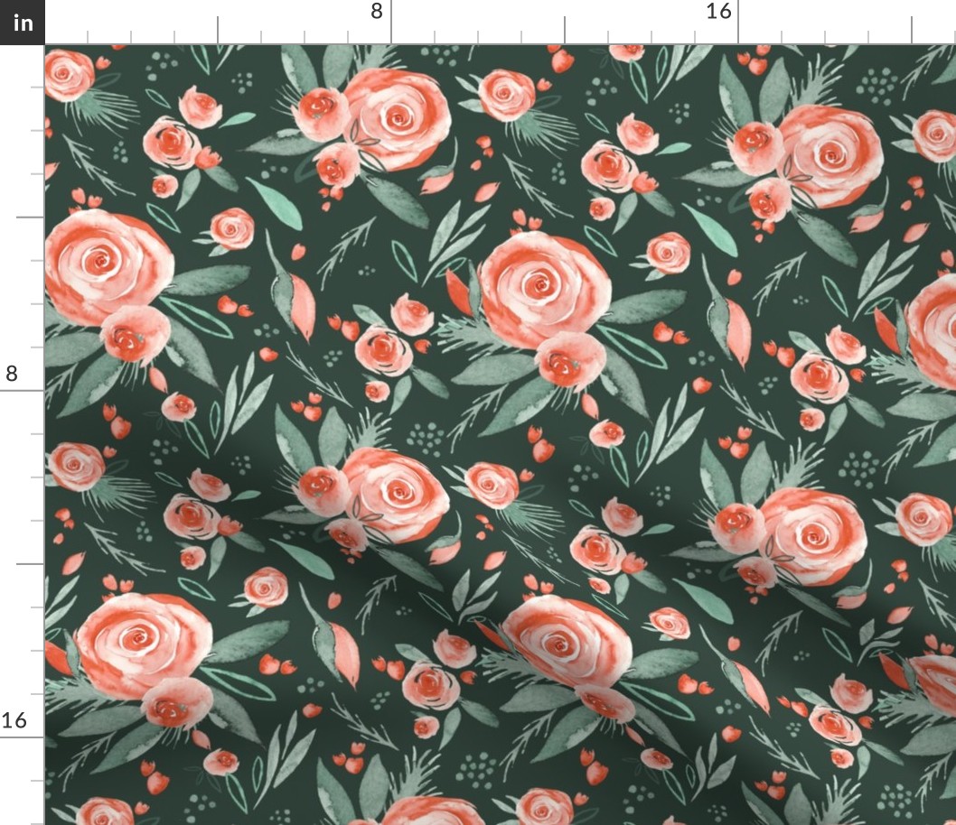 Floral Bliss |Peach Watercolor Blooms on Forest Green | Renee Davis