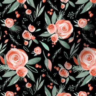 Floral Bliss Peach | Watercolor Roses Black | Renee Davis