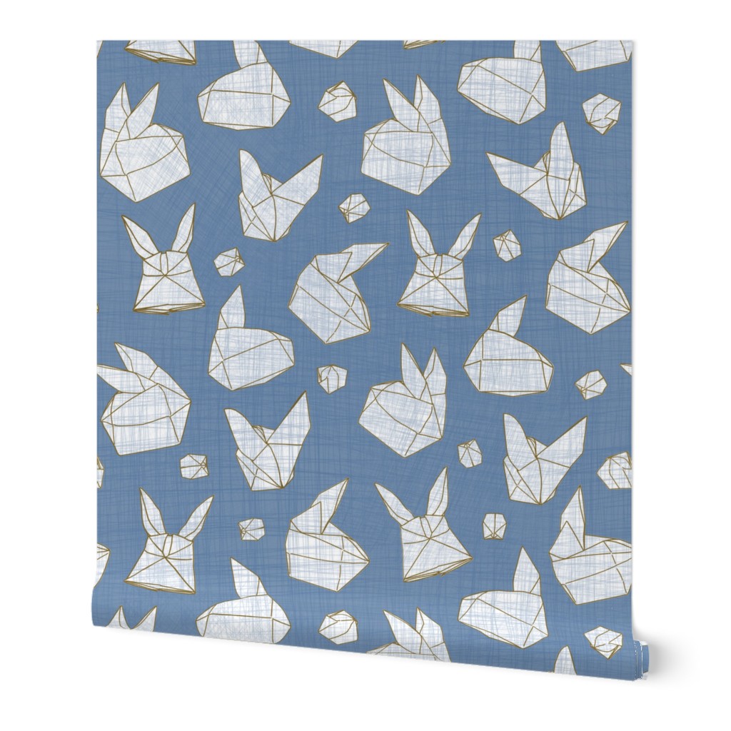 Origami Bunnies White on Blue