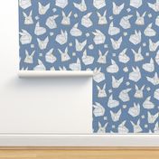 Origami Bunnies White on Blue