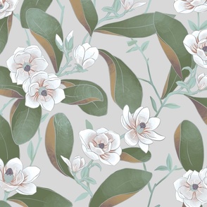 Chinoiserie Magnolias on Silver 
