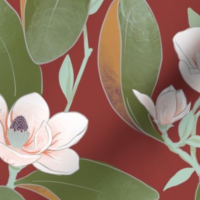 Chinoiserie Magnolias on Burnt Ruby