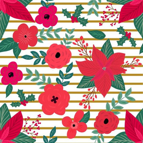 Merry Christmas Florals - Red on Gold Stripes 