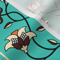 Boho vintage Indian flowers stripes neon teal