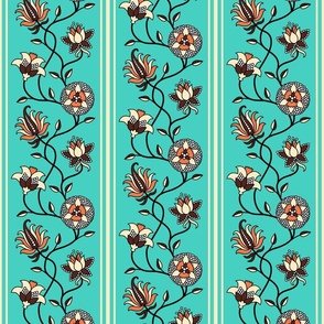 Boho vintage Indian flowers stripes neon teal