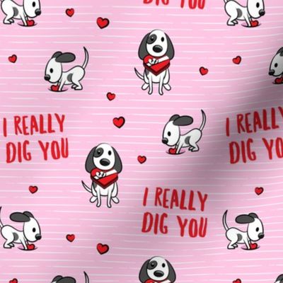 I really dig you! - pink stripes - cute dog valentines - LAD19