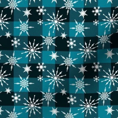 Christmas buffalo check teal black snowflakes