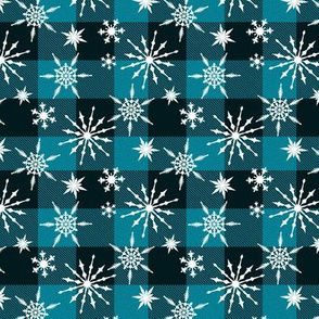 Christmas buffalo check teal black snowflakes