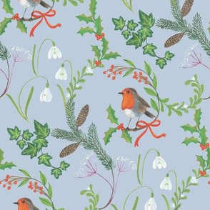 Christmas chintz with robin on dove grey