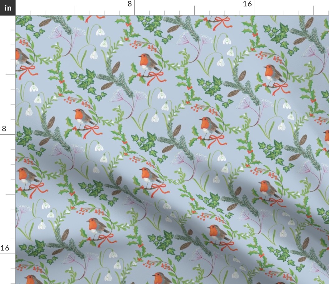 Christmas chintz with robin on dove grey