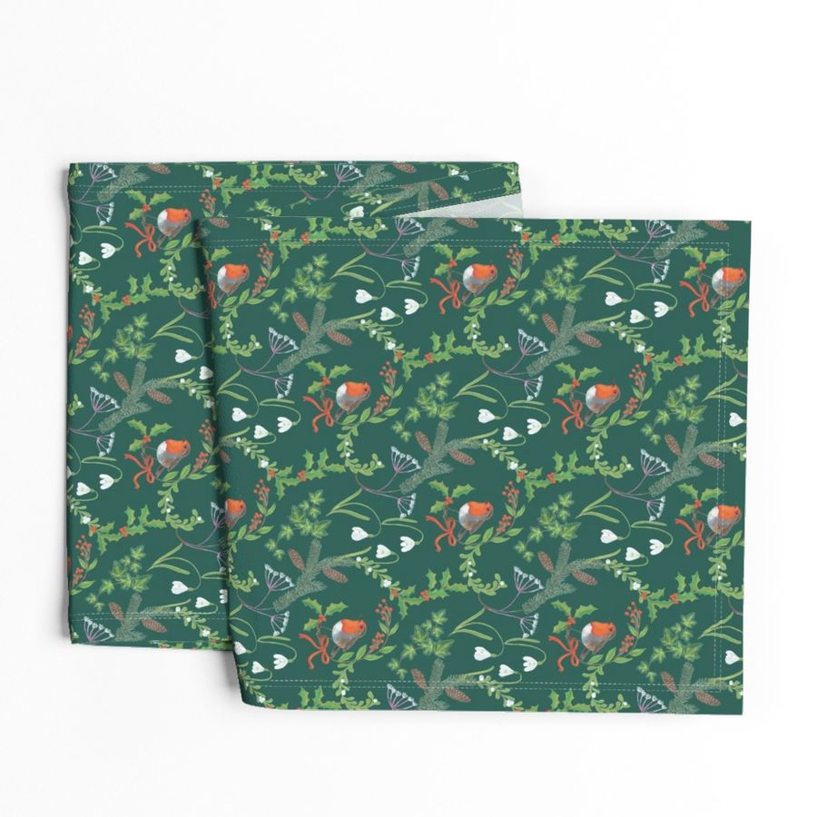 Christmas chintz with robin on dark green