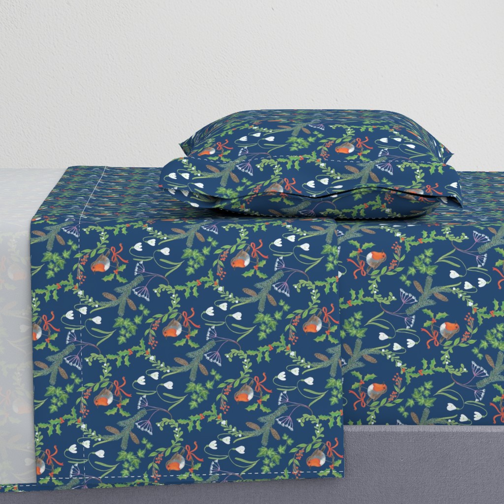 Christmas chintz with robin on dark blue