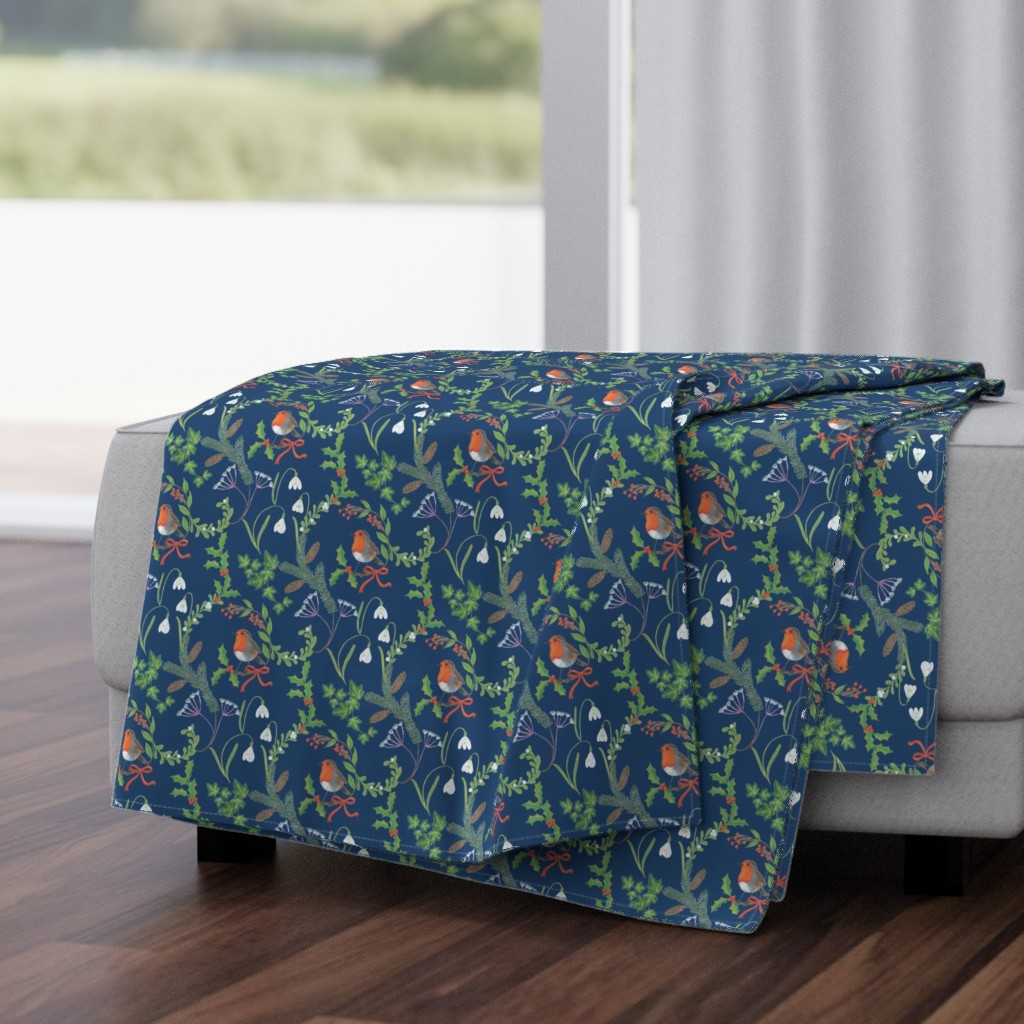 Christmas chintz with robin on dark blue