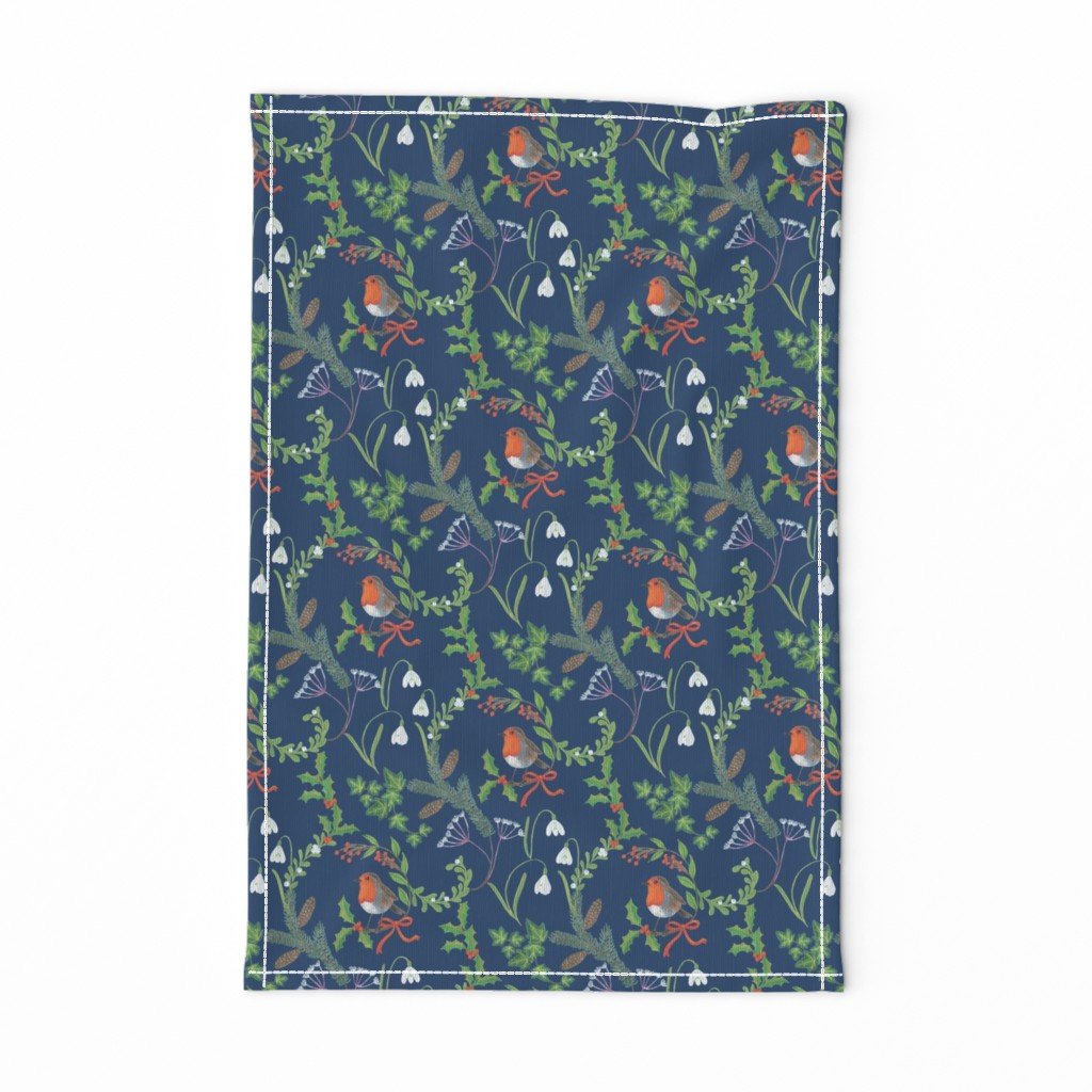 Christmas chintz with robin on dark blue