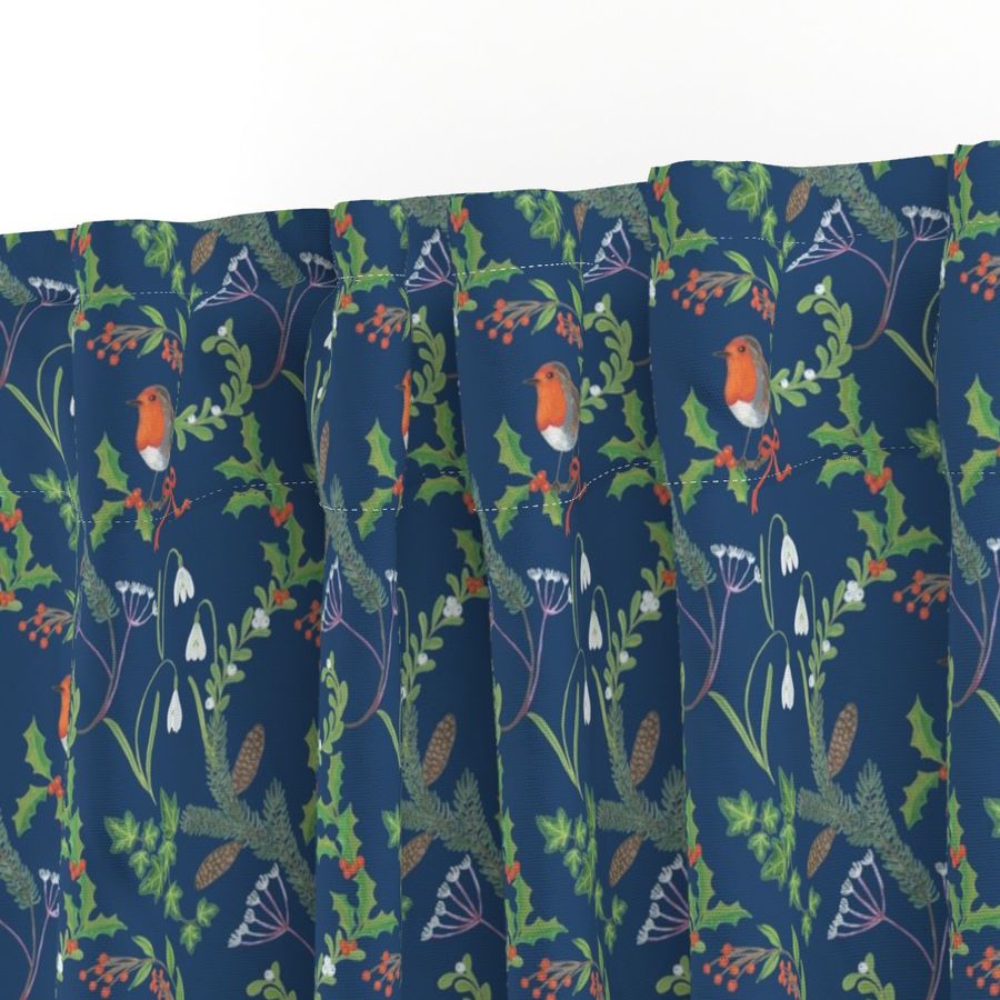 Christmas chintz with robin on dark blue