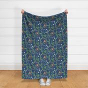 Christmas chintz with robin on dark blue - large scale