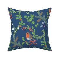 Christmas chintz with robin on dark blue - large scale