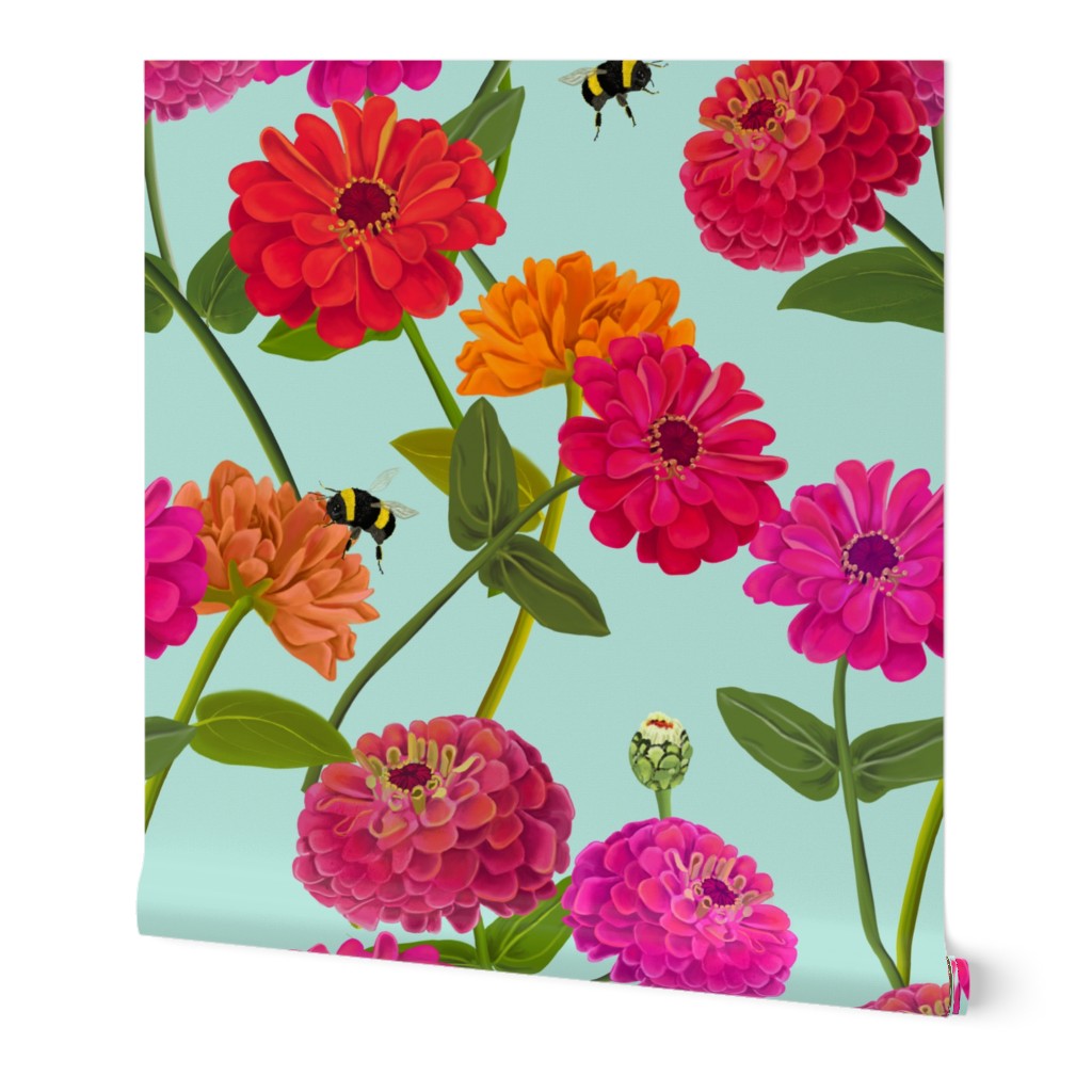 BRIGHT ZINNIA AND BUMBLEBEE CHINTZ