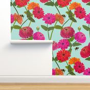 BRIGHT ZINNIA AND BUMBLEBEE CHINTZ