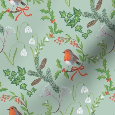 Christmas chintz with robin on pale green