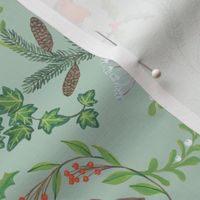 Christmas chintz with robin on pale green