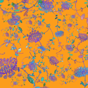 Blue Purple Turquoise Flowers on Bright Yellow Orange