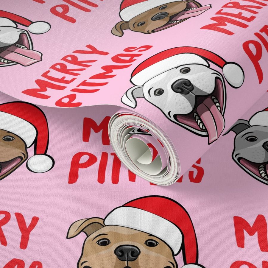 (micro scale) Merry Pitmas - pit bull Santa hats - pitties - pink - Christmas dogs - LAD19BS