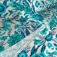 Vintage Botanical Chintz Filigree- Cyan Traditional Florals Palampore- Large Scale