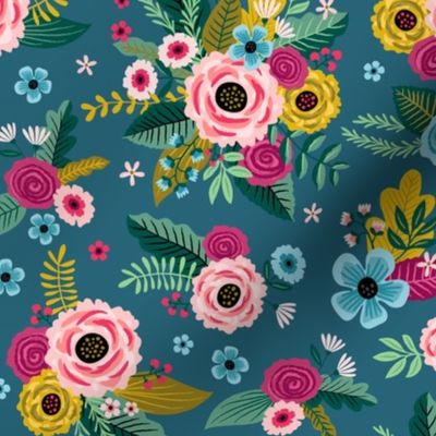 Painted Flowers on dark teal