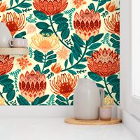 Protea Chintz - Orange & Navy (Large Version) 