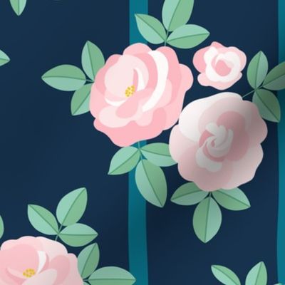 Chintz roses stripe soft pink navy by Pippa Shaw